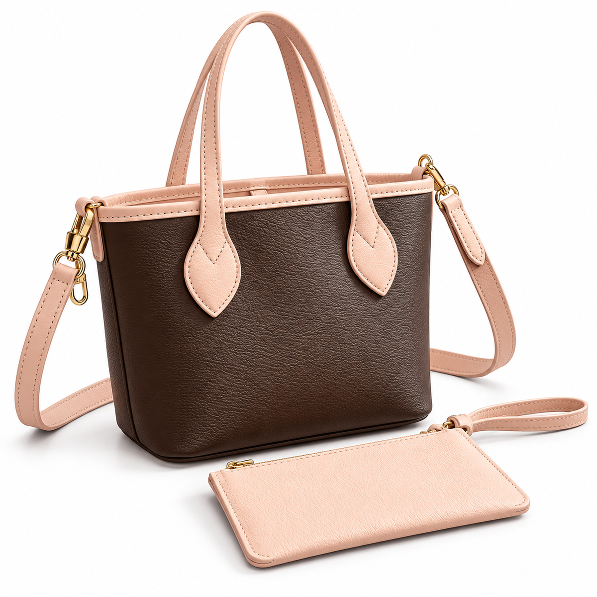 Chocolate Blush Leather Canvas Tote Set-1
