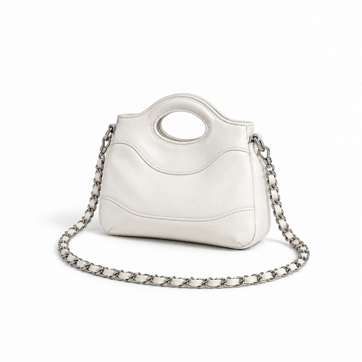 White Chain Handle Structured Handbag-3
