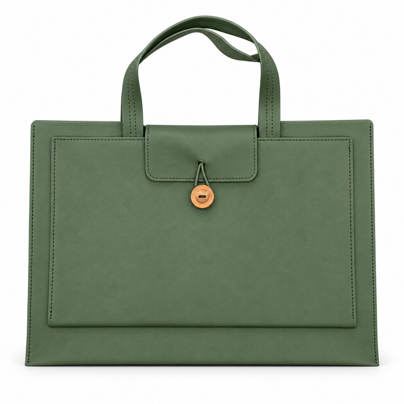 Olive Green Leather Laptop Tote Bag-4