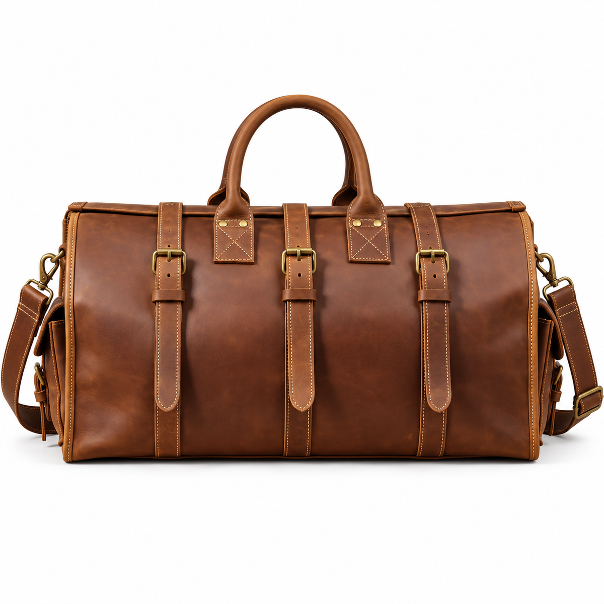 Vintage Brown Buckled Overnight Duffel Bag-4