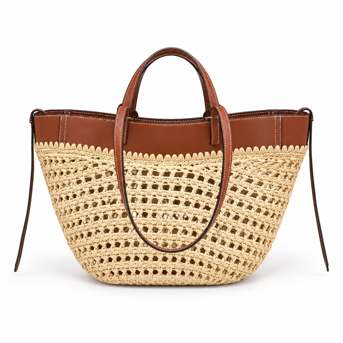 Beige Woven Crochet Tote With Brown Straps-4