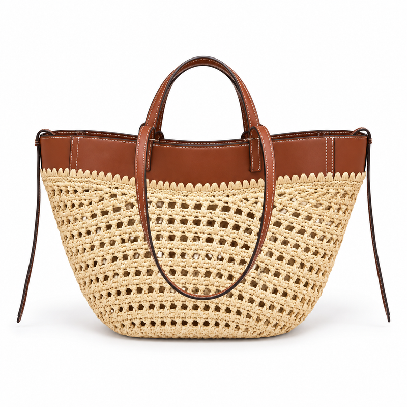 Beige Woven Crochet Tote With Brown Straps-4