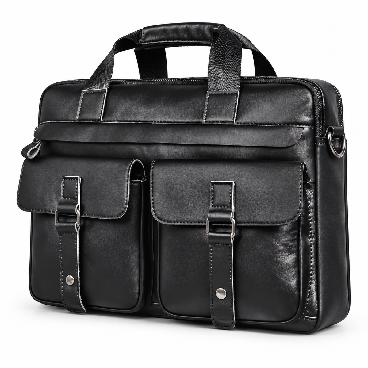 Classic Black Leather Briefcase With Pockets-2