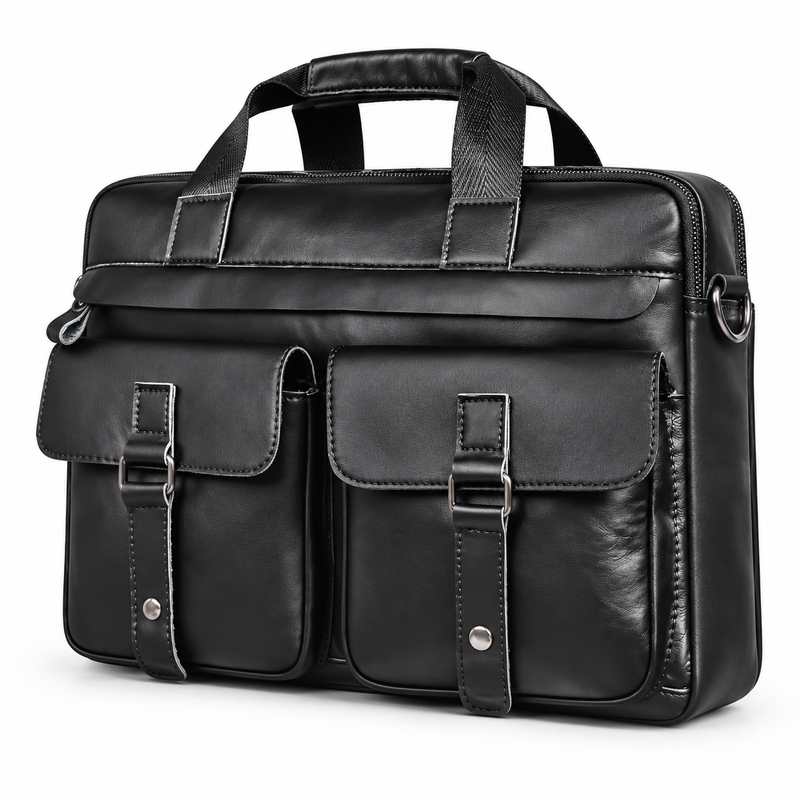 Classic Black Leather Briefcase With Pockets-2
