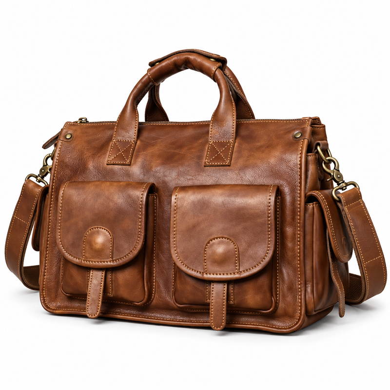 Vintage Brown Double Pocket Briefcase Bag-3