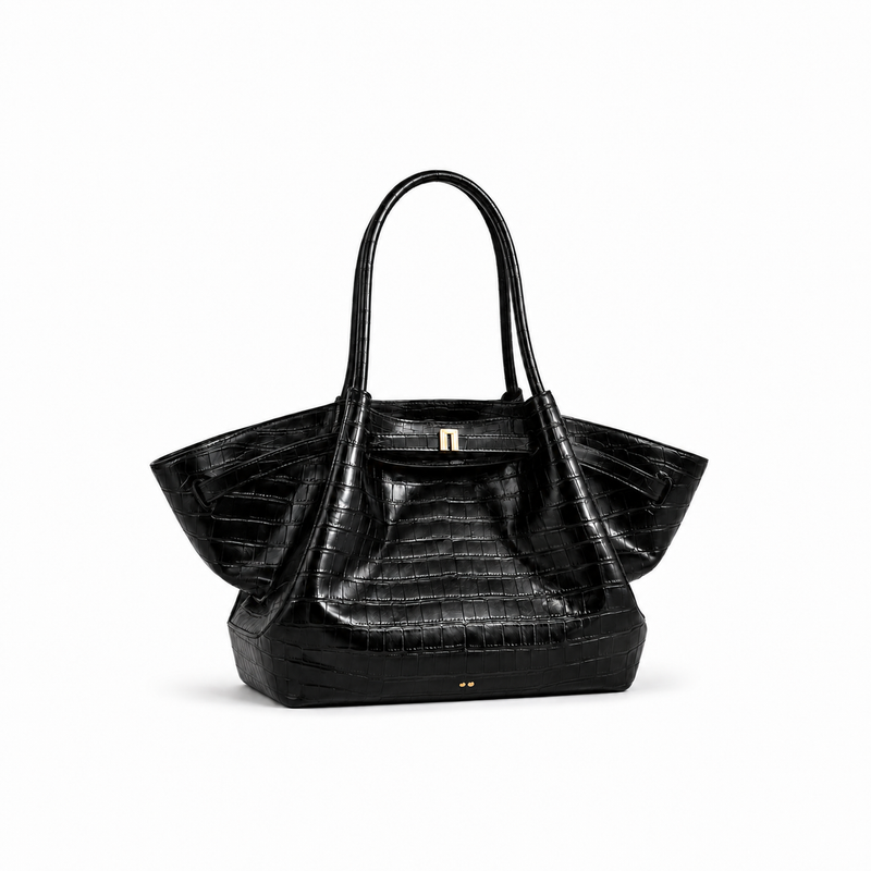 Luxury Black Crocodile-Embossed Winged Bag-4