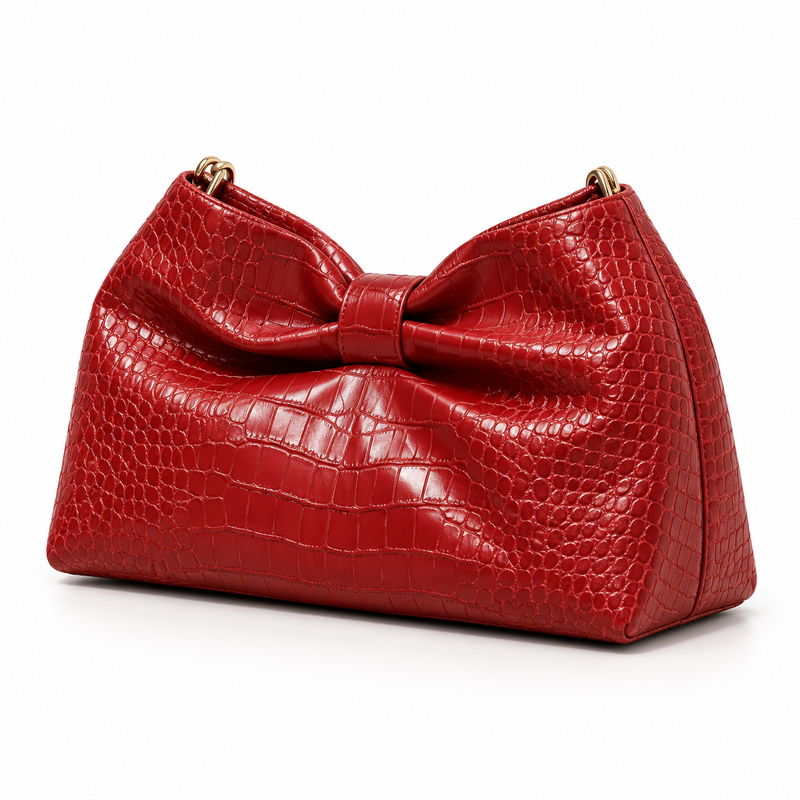 Elegant Red Crocodile Embossed Bow Crossbody Bag-3