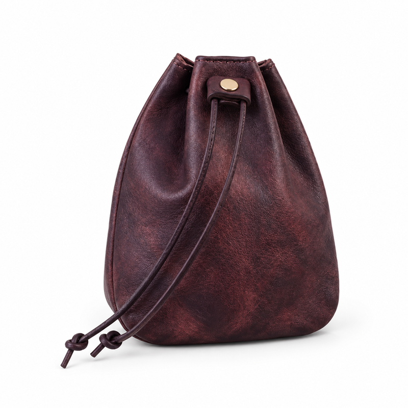 Coffee Vintage Vegan Leather Drawstring Bag-1
