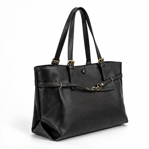 Elegant Black Buckle Detail Tote Bag-1