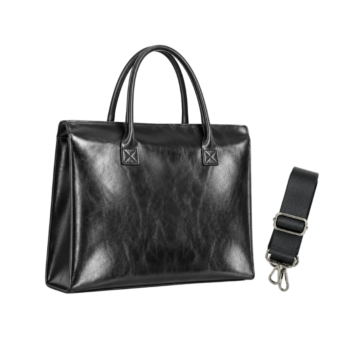 Classic Black Leather Laptop Tote Bag