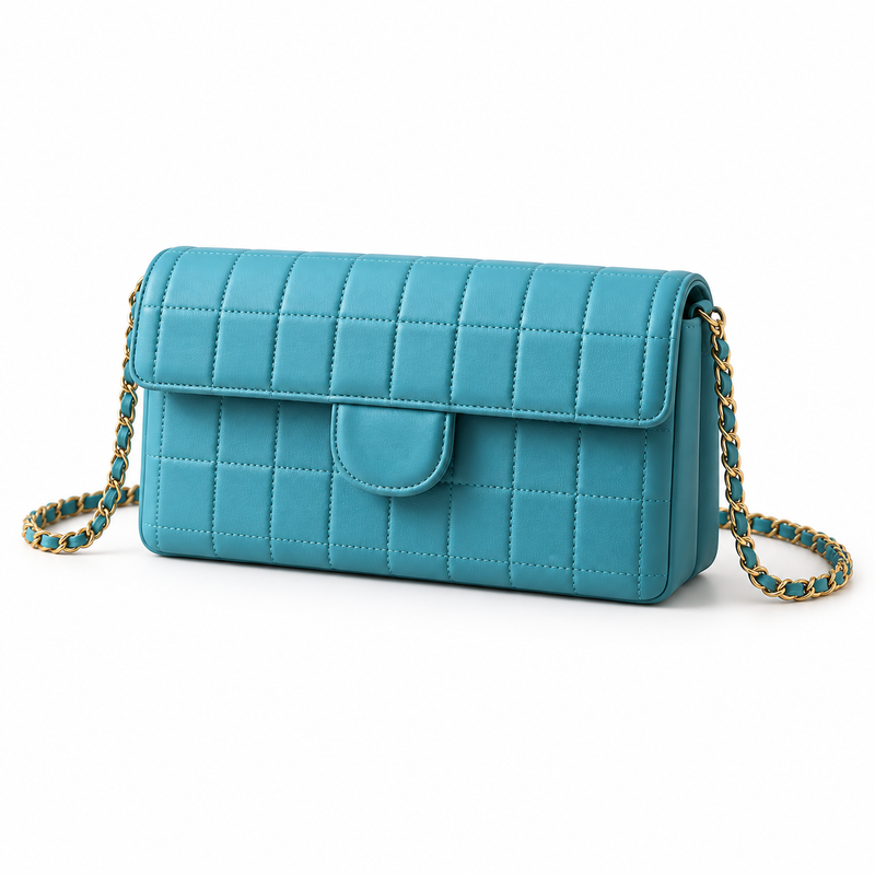 Turquoise Quilted Crossbody Bag With Chain-3