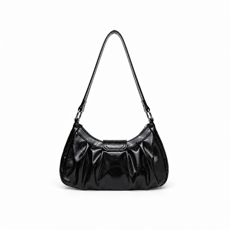Glossy Black Buckle Shoulder Hobo Bag-4