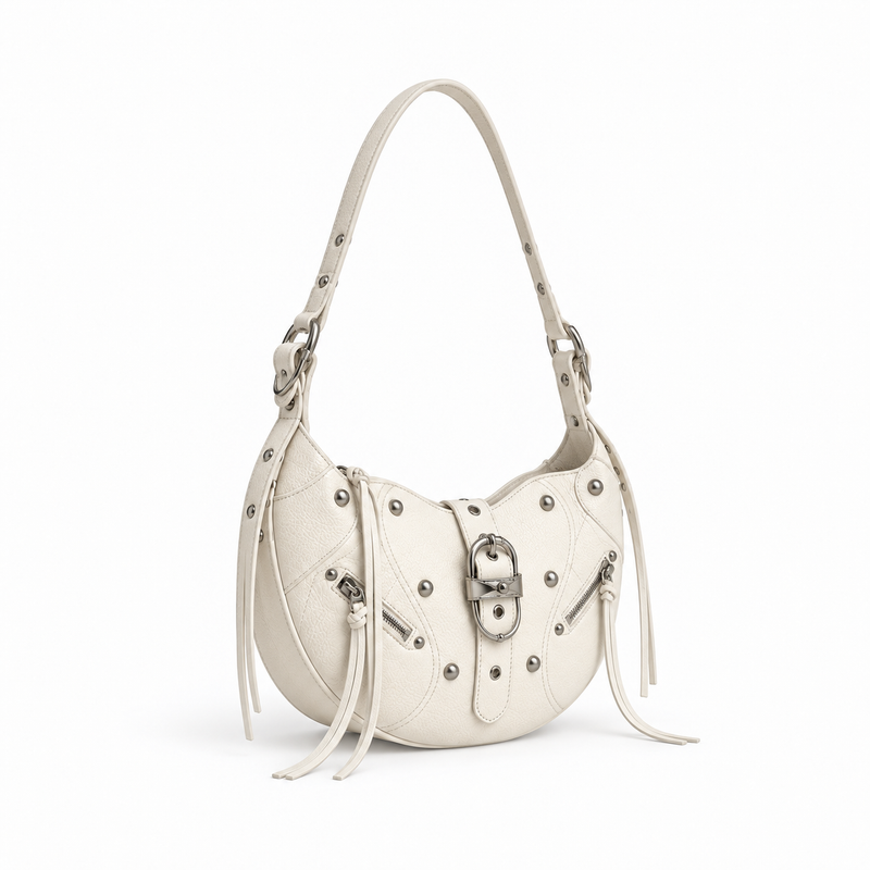 Ivory Studded Crescent Shoulder Hobo Bag-1