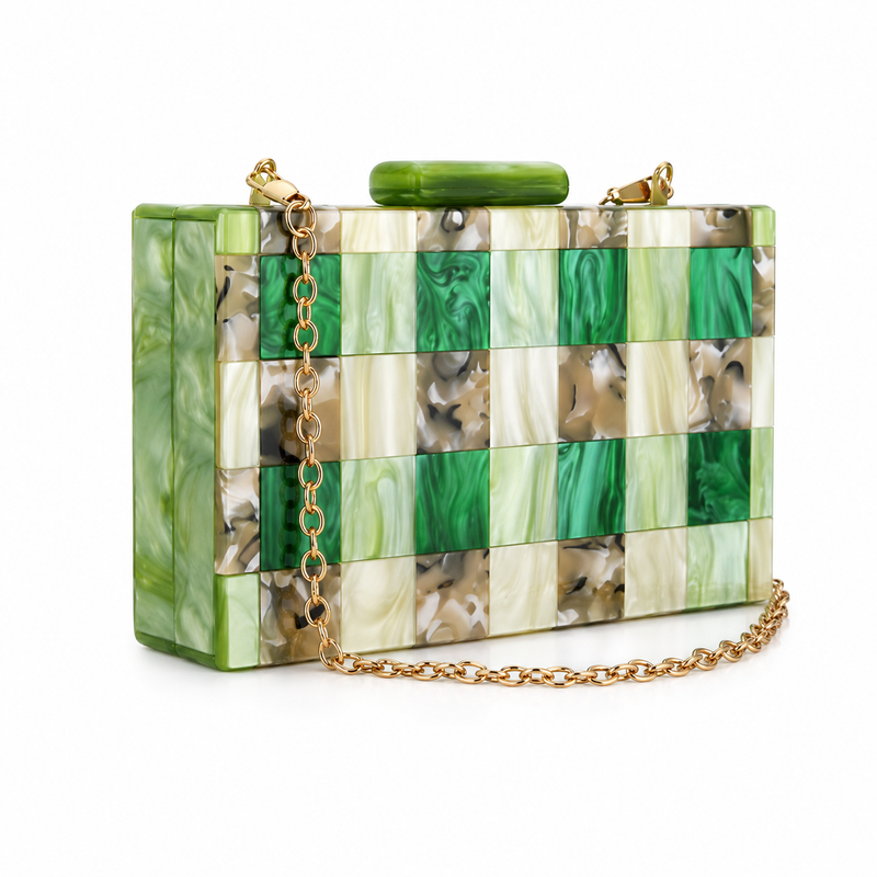 Green Marble Checkerboard Acrylic Clutch Bag-4