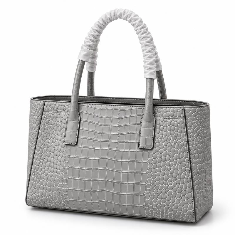 Grey Crocodile Texture Structured Tote Handbag-4