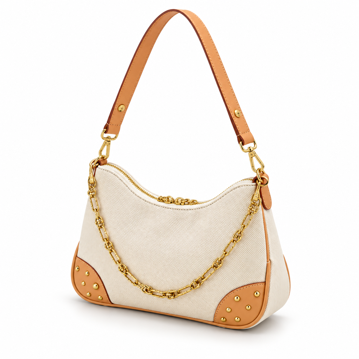 Cream Textured Shoulder Bag With Chain-3