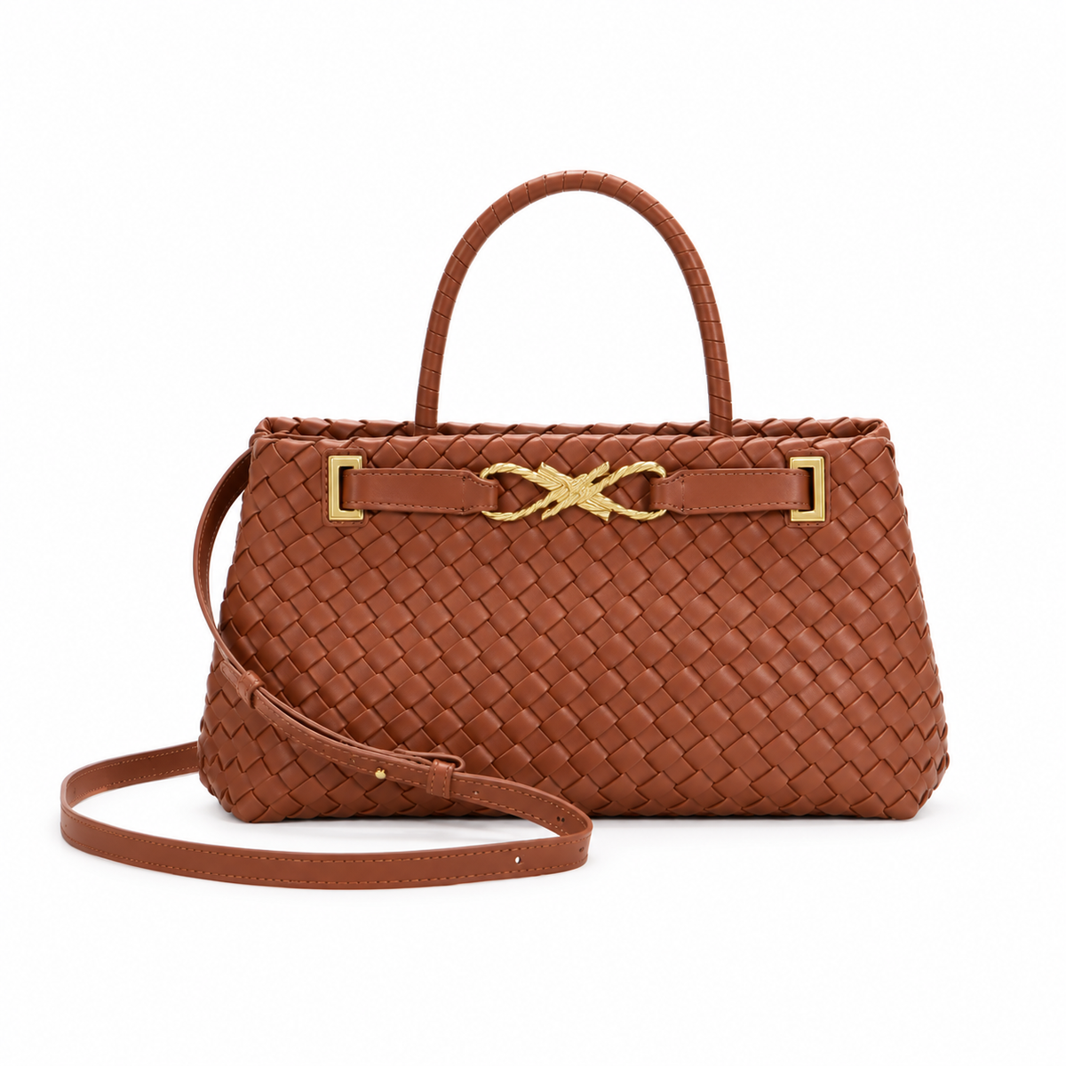 Brown Woven Handbag With Gold Hardware-4