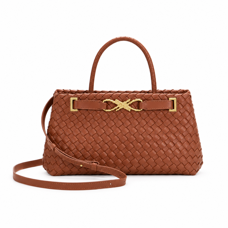Brown Woven Handbag With Gold Hardware-4