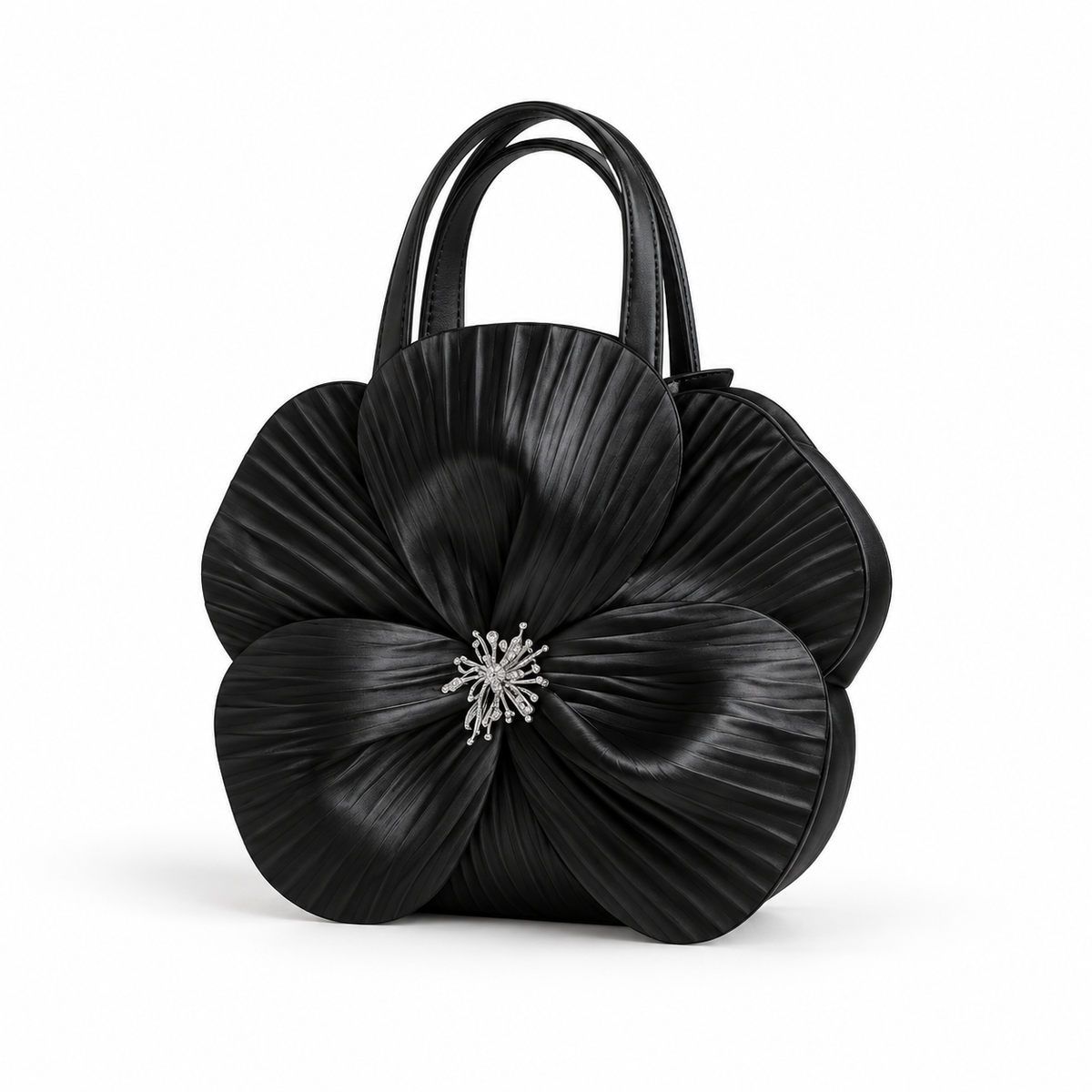 Elegant Black Pleated Flower Handle Clutch-3