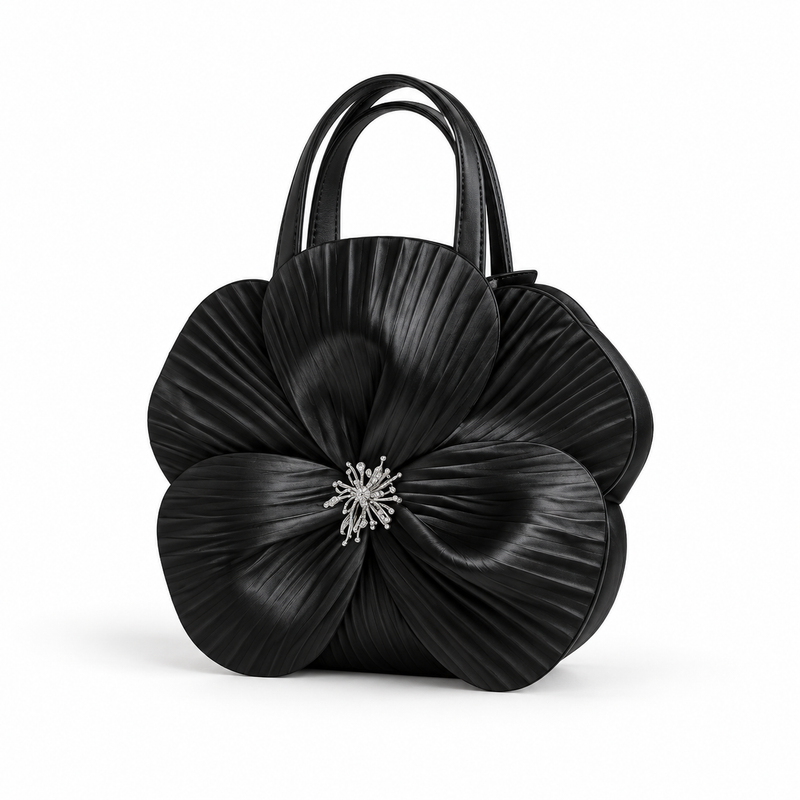 Elegant Black Pleated Flower Handle Clutch-3