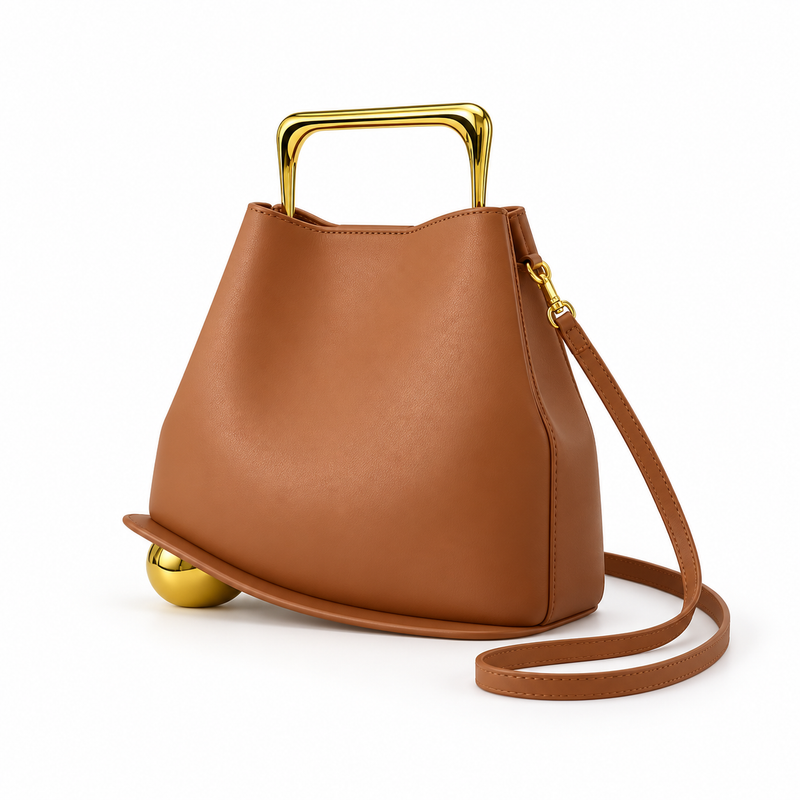 Caramel Leather Evening Clutch Gold Handle-3