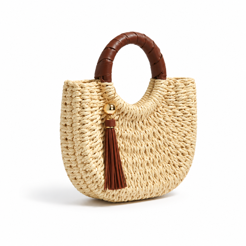 Natural Woven Raffia Tassel Handle Handbag-1