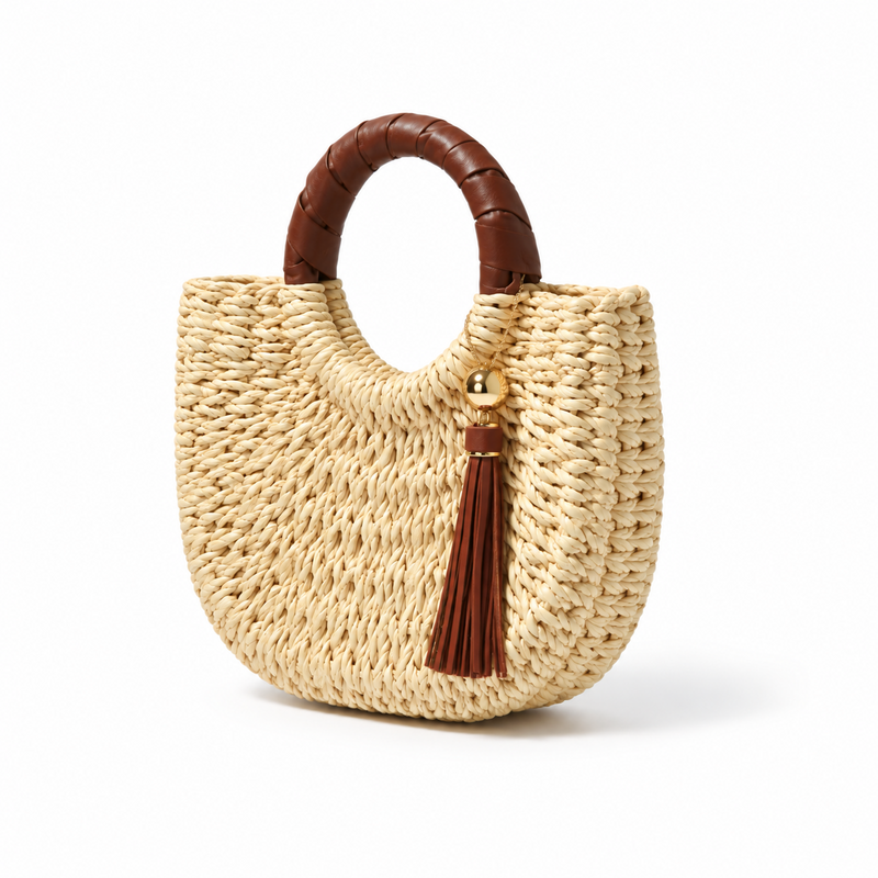 Natural Woven Raffia Tassel Handle Handbag-3