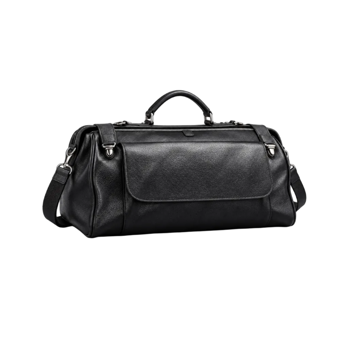 Classic Black Leather Travel Duffel Bag