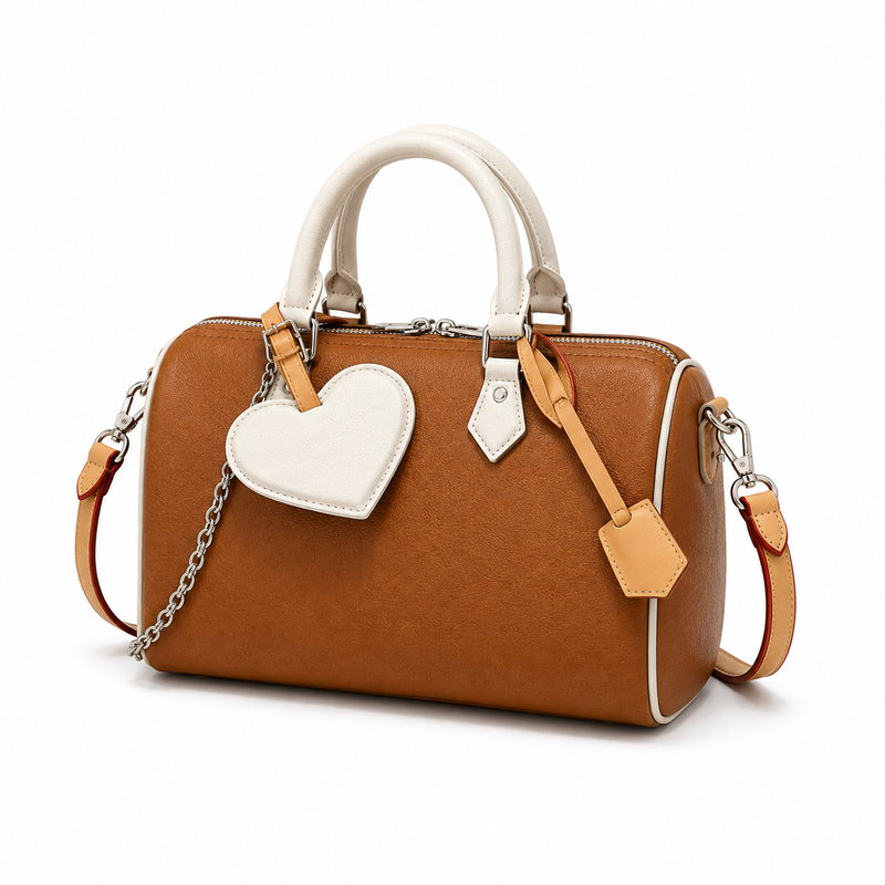 Cognac Brown Heart-Charm Boston Handbag-4