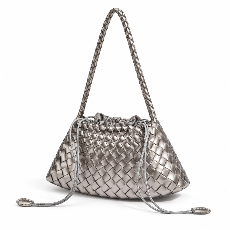 Metallic Silver Woven Drawstring Shoulder Bag-3