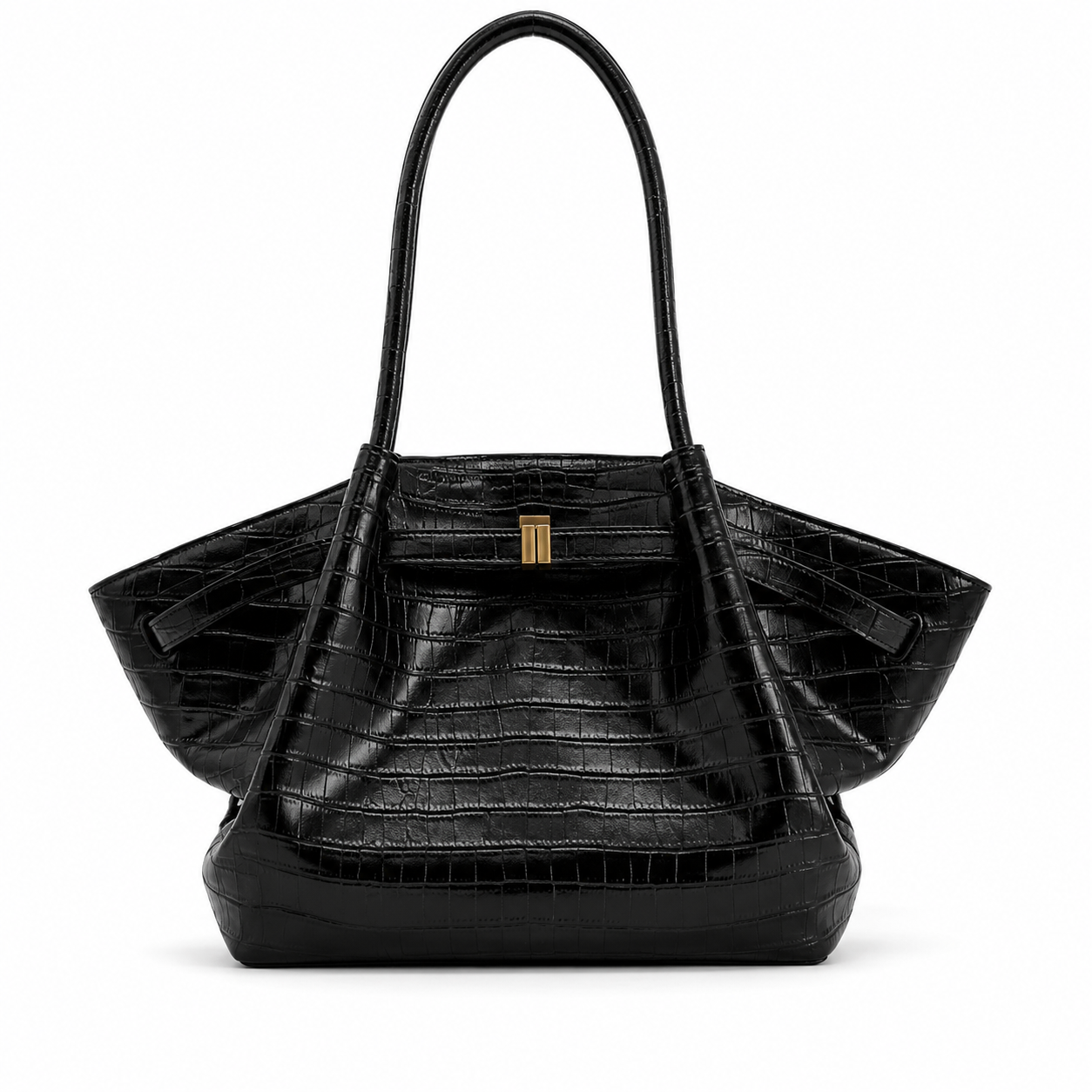 Luxury Black Crocodile-Embossed Winged Tote Bag-3