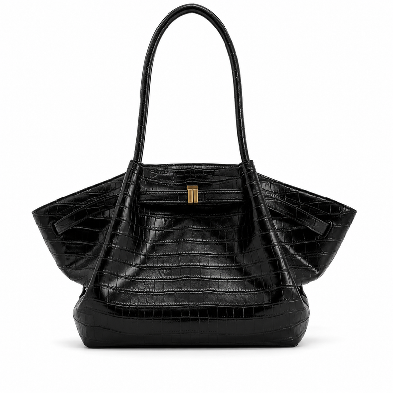 Luxury Black Crocodile-Embossed Winged Tote Bag-3