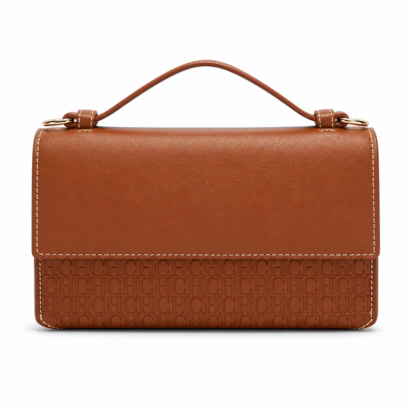 Cognac Brown Embossed Leather Evening Clutch-2