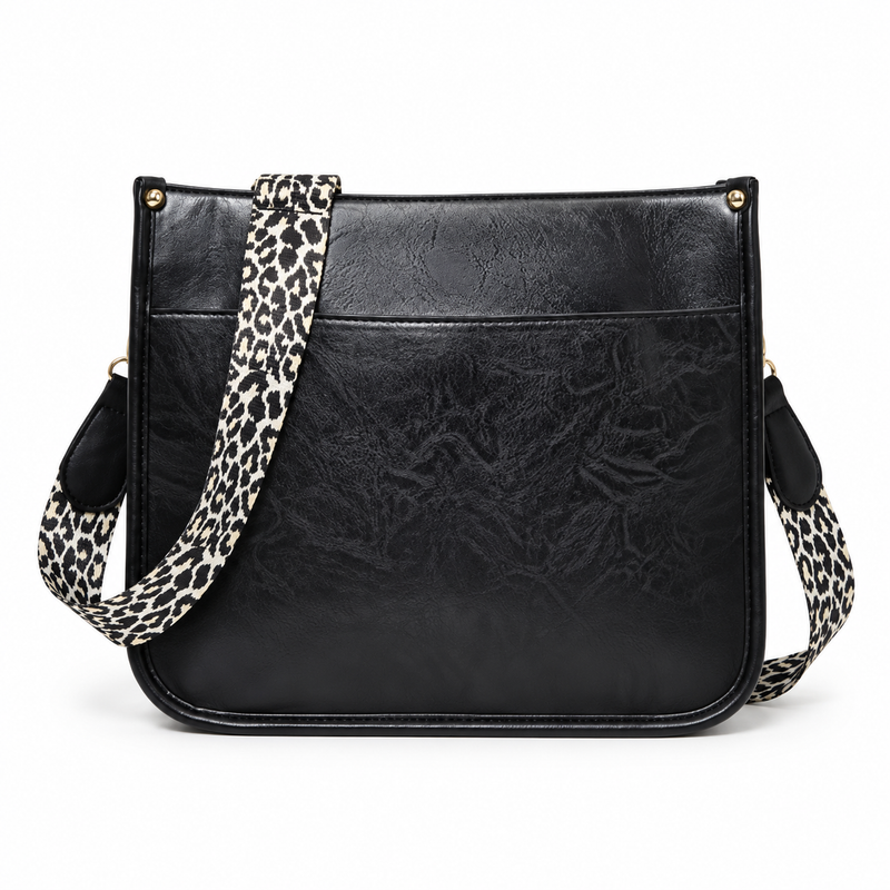 Black Crossbody Bag With Leopard Strap-4