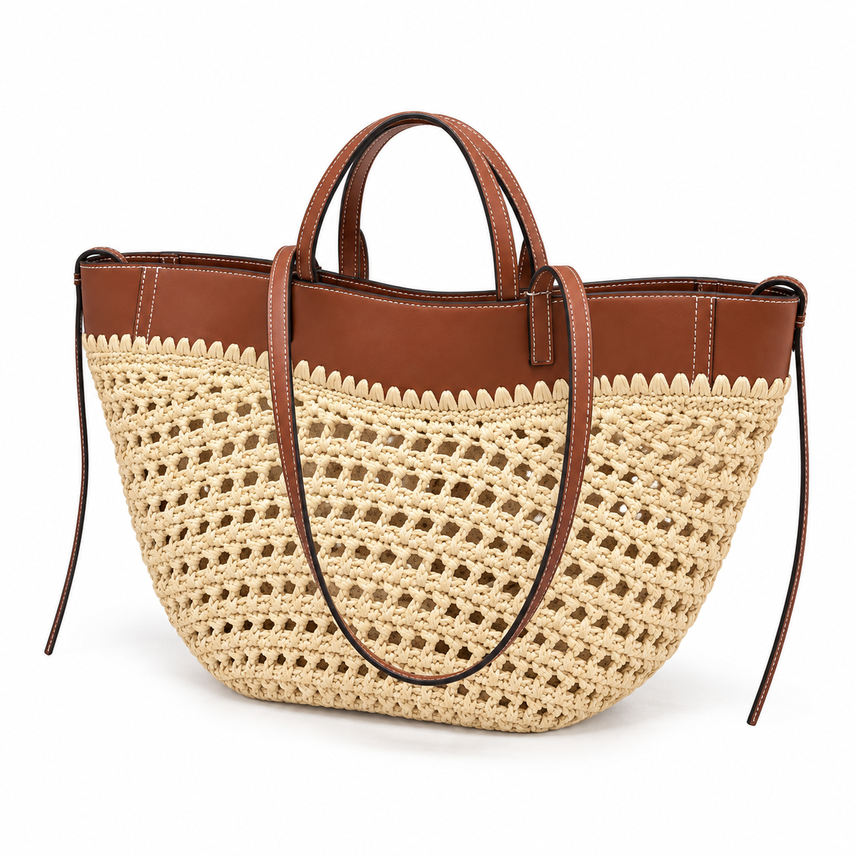 Beige Woven Crochet Tote With Brown Straps-3