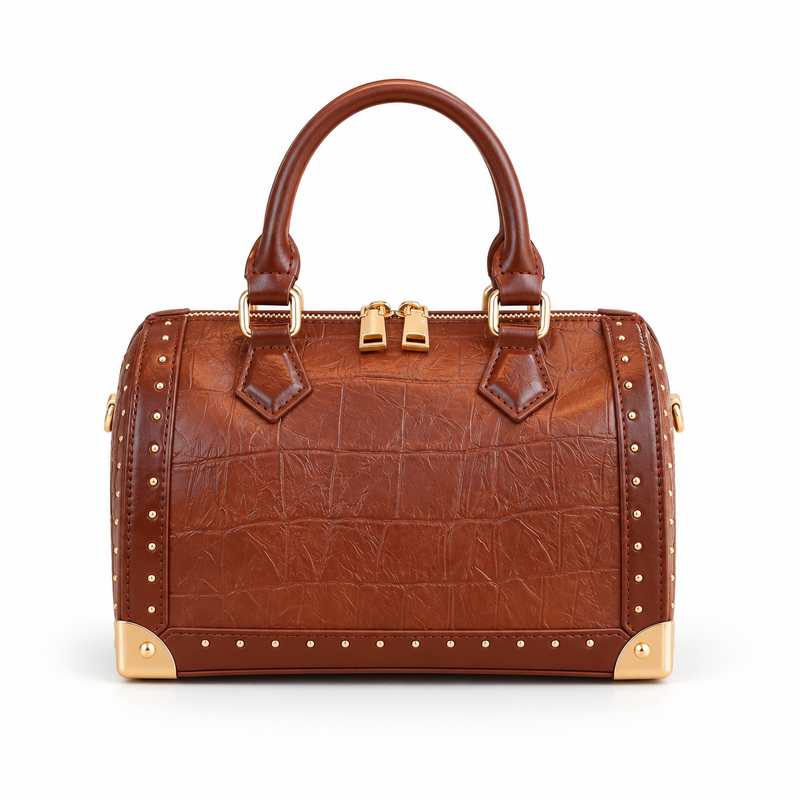 Cognac Brown Crocodile Embossed Leather Satchel-2
