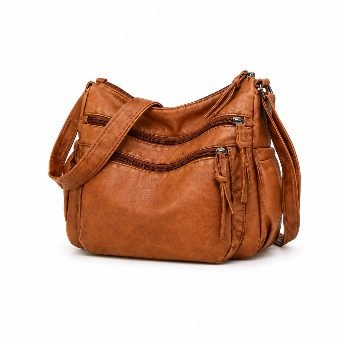 Vintage Cognac Multi-Zip Shoulder Crossbody Bag-3