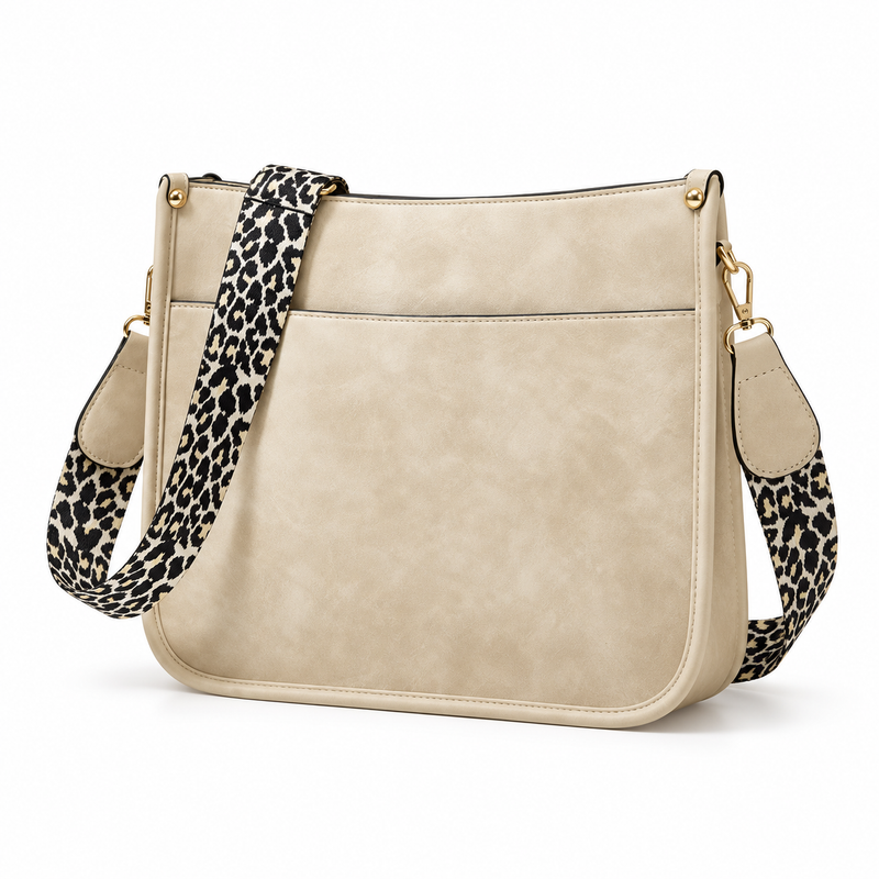 Beige Crossbody Bag With Leopard Strap-3