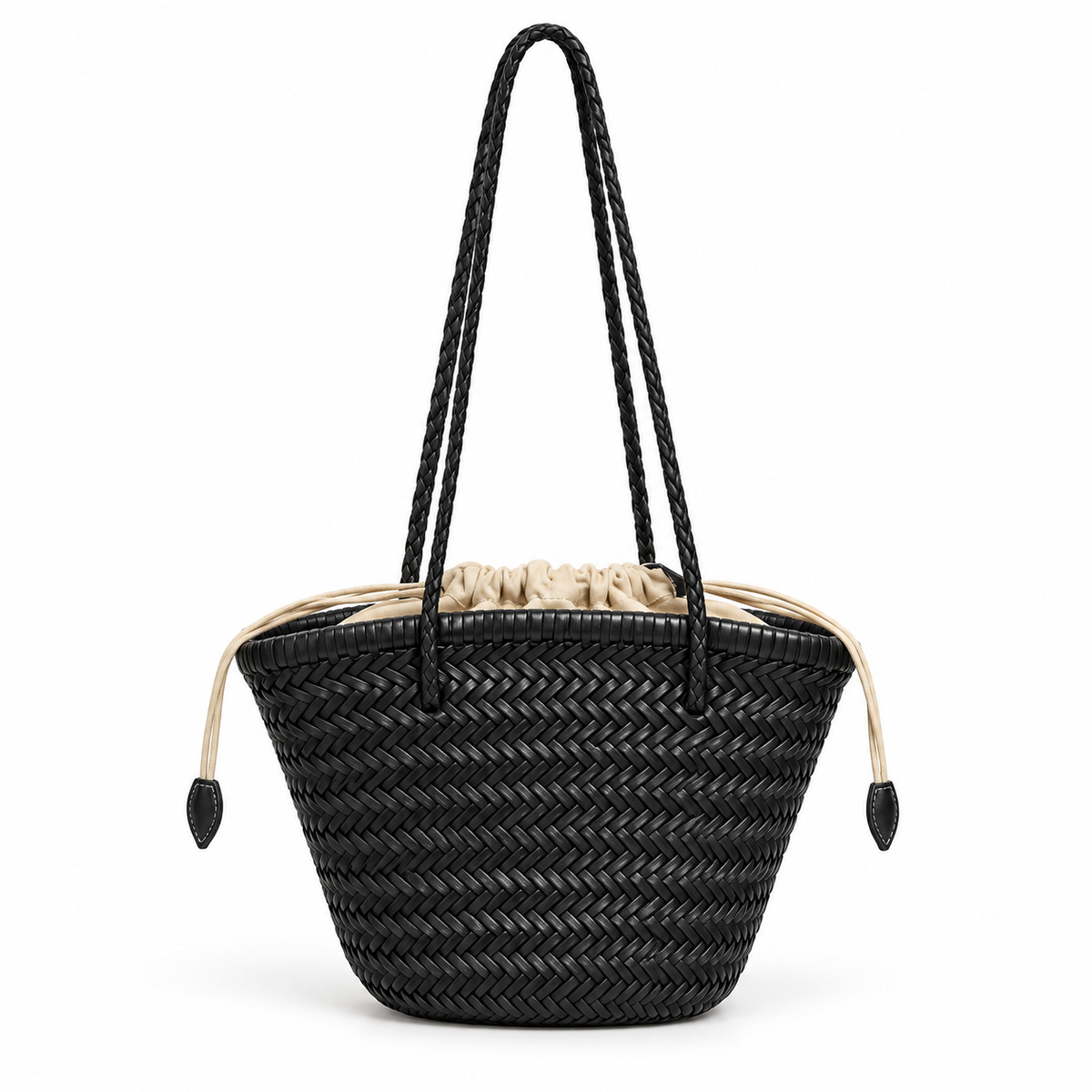 Black Woven Basket Drawstring Shoulder Bag-4