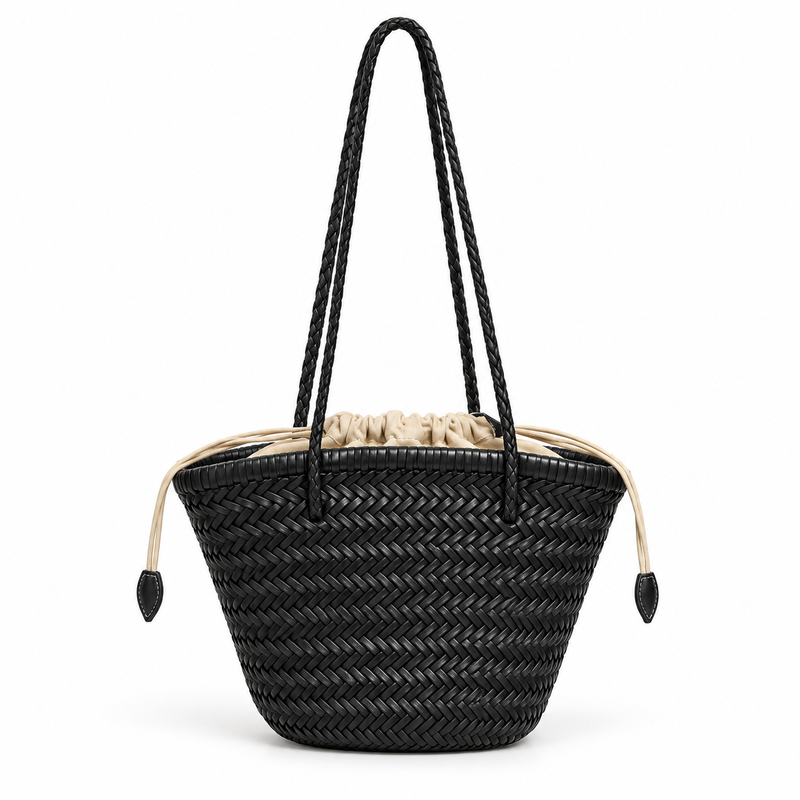 Black Woven Basket Drawstring Shoulder Bag-4