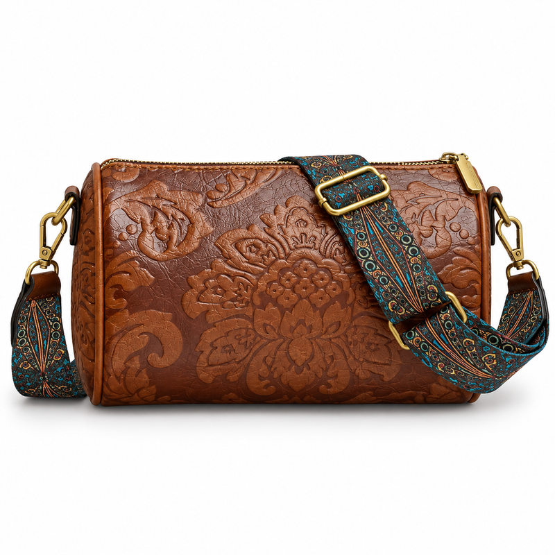 Brown Floral Embossed Barrel Vintage Crossbody Bag-2