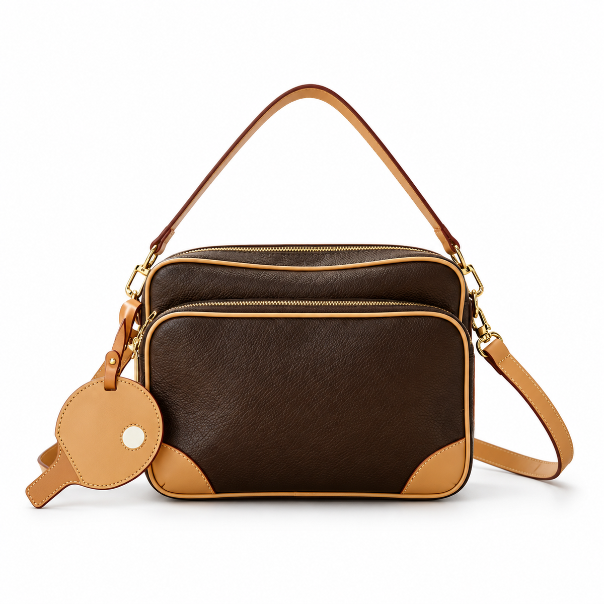 Classic Brown Leather Canvas Crossbody Bag-4