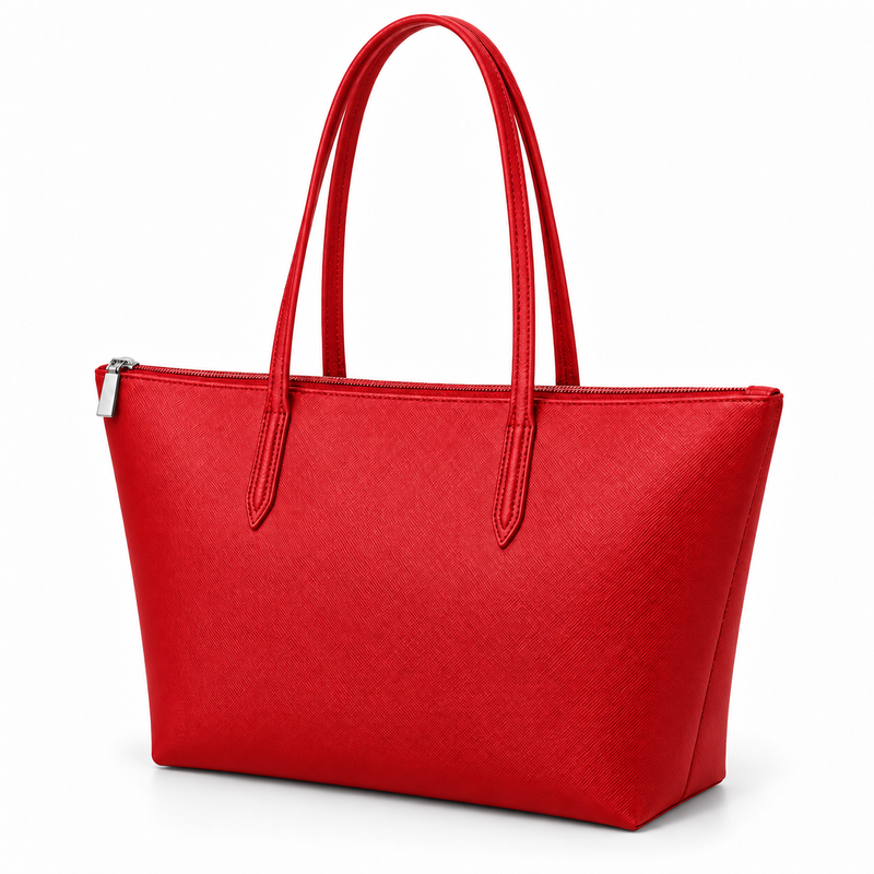 Red Leather And Canvas Tote Bag-4