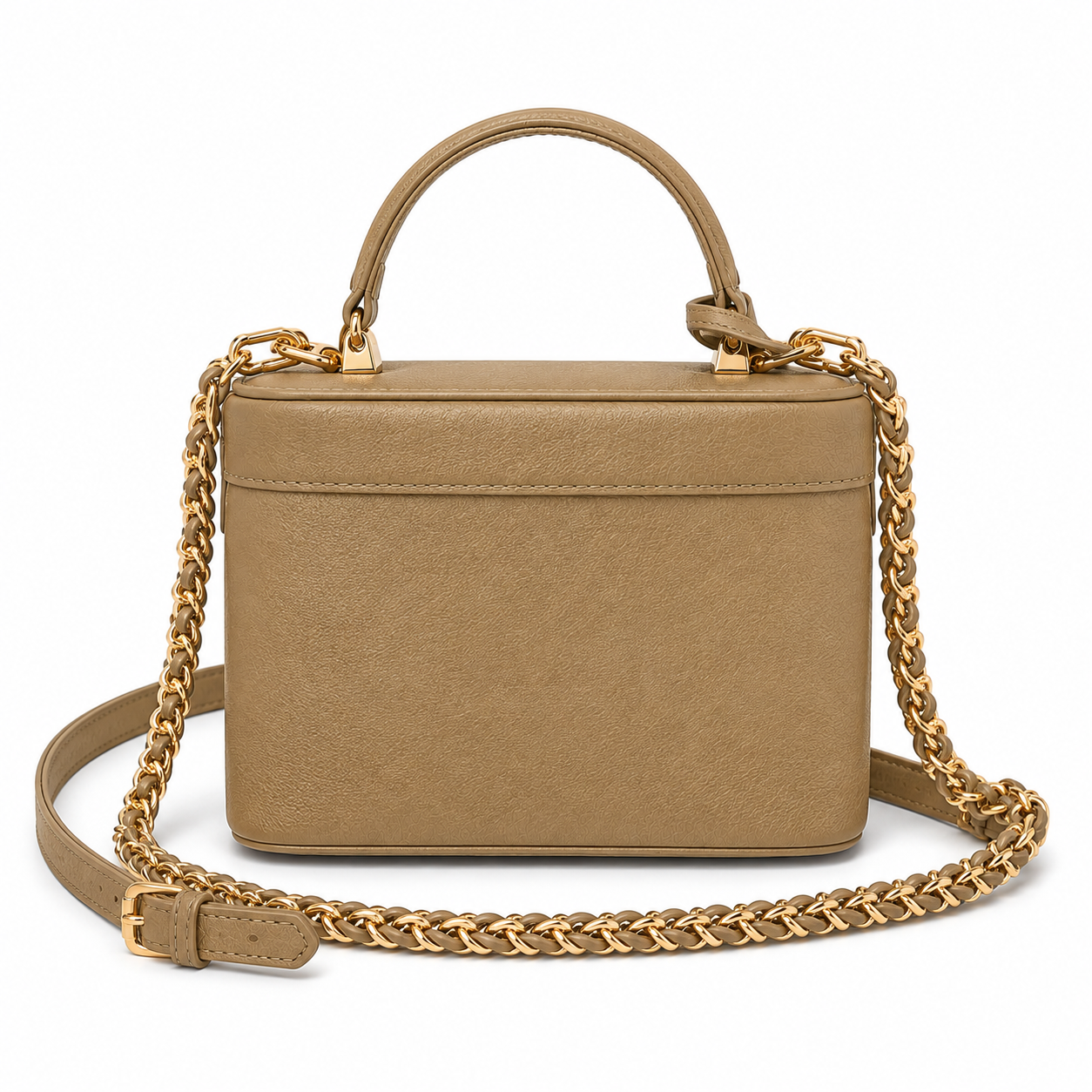 Khaki Structured Vanity Handbag with Gold Chain, Padlock & Key Charm-3