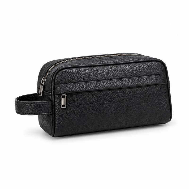 Black Pebbled Leather Toiletry Bag with Wrist Handle-1