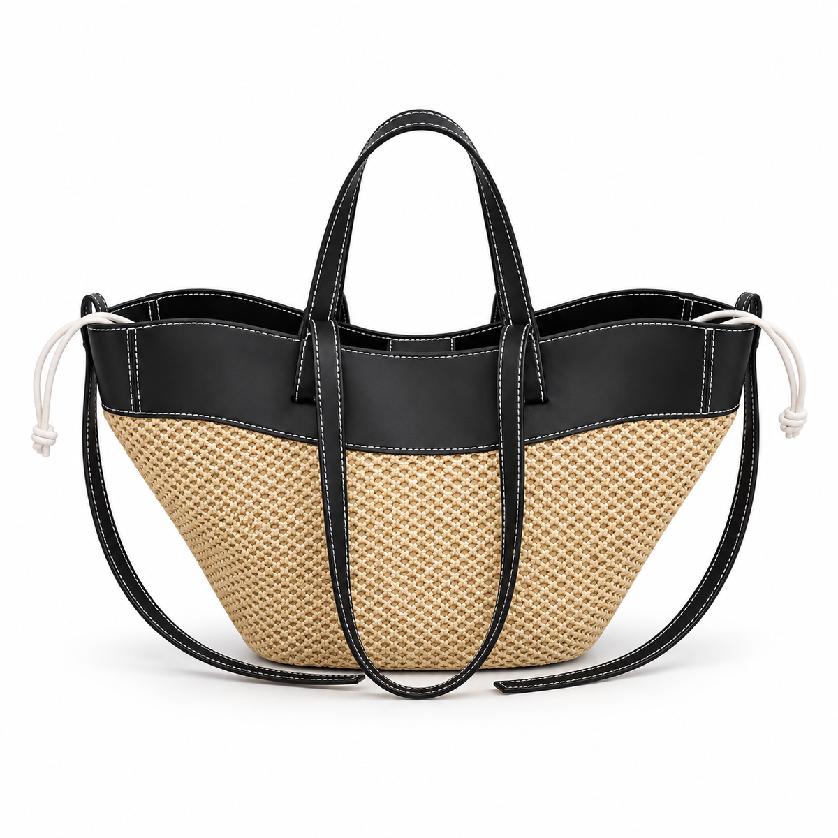 Beige Woven Tote With Black Trim