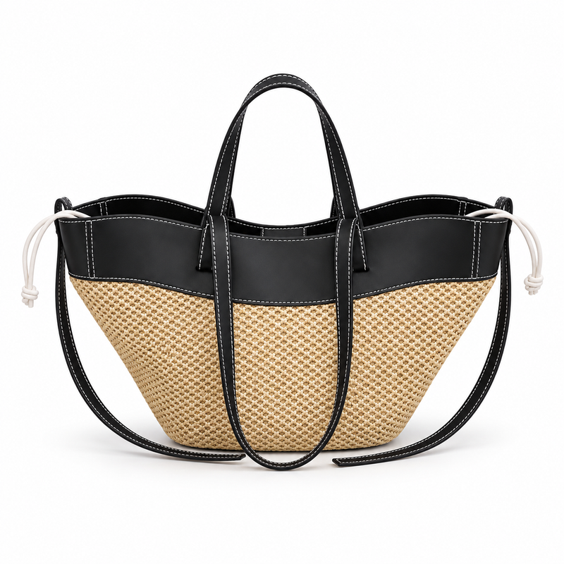 Beige Woven Tote With Black Trim-2
