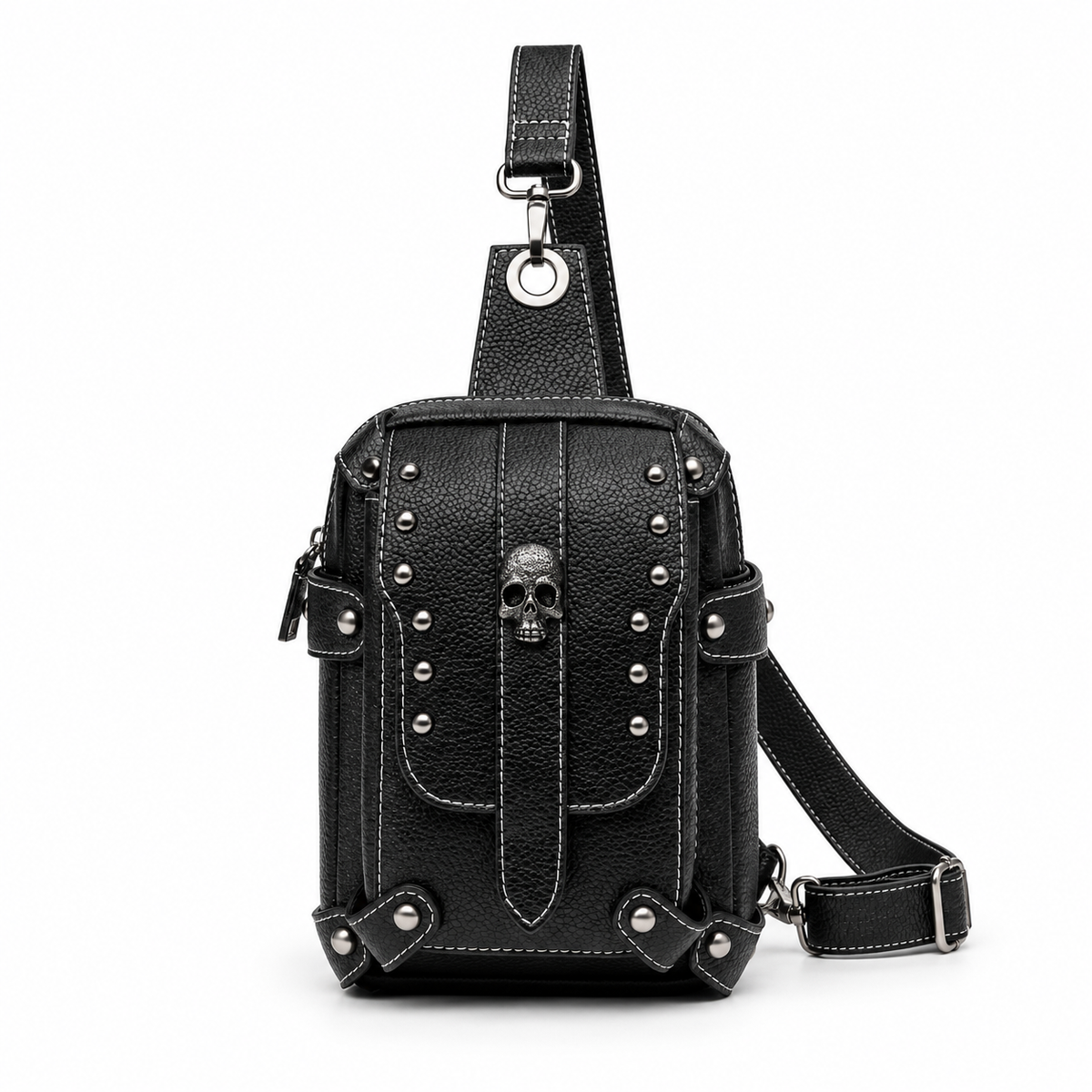 Black Gothic Skull Studded Sling Bag-4