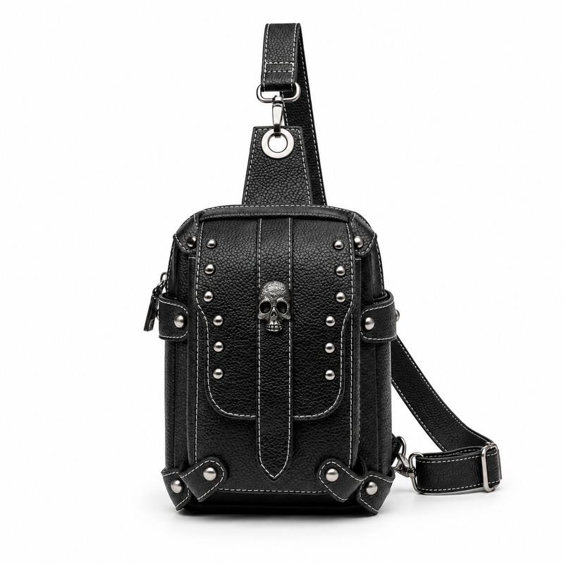Black Gothic Skull Studded Sling Bag-4