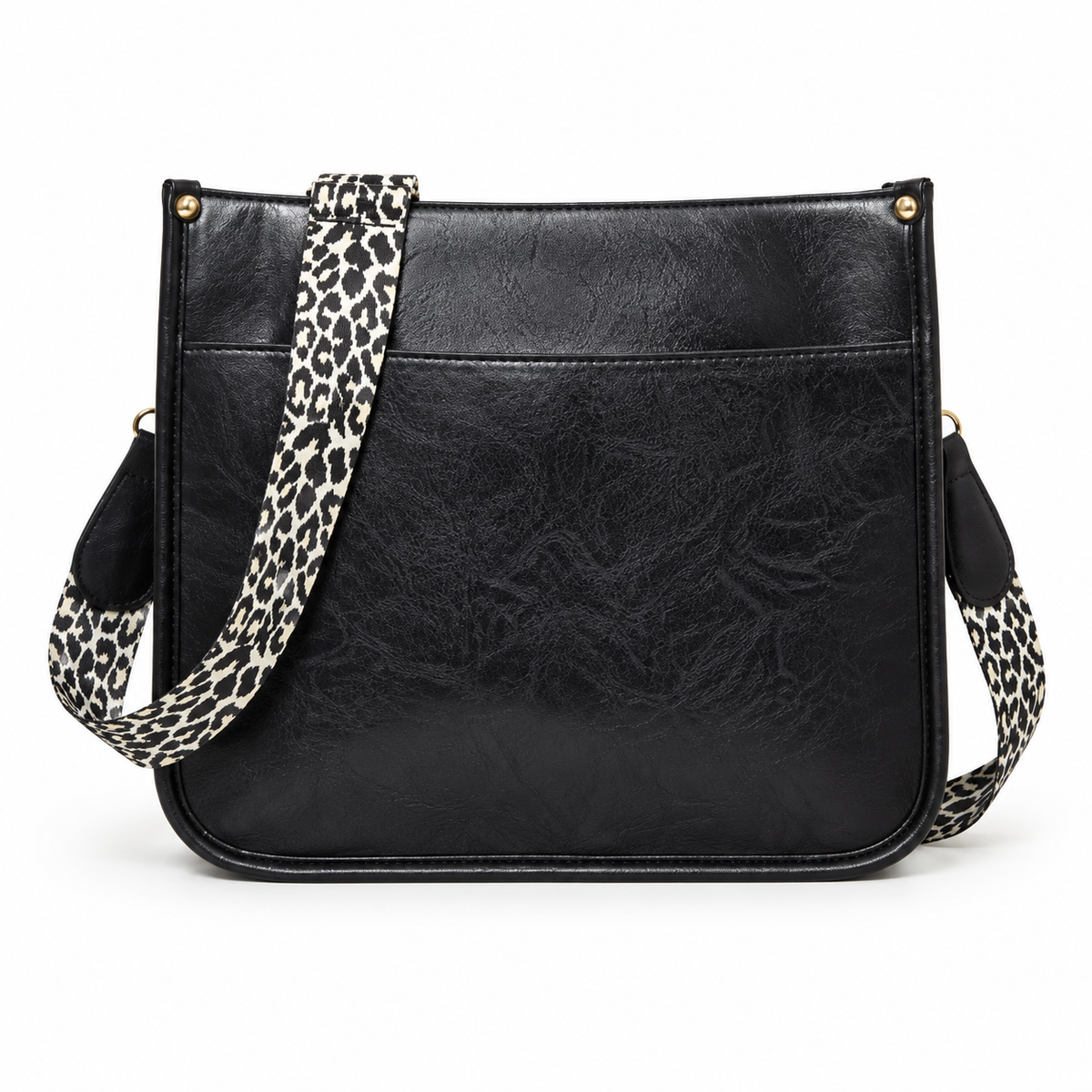 Black Crossbody Bag With Leopard Strap-2
